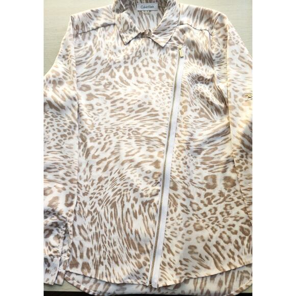 TOP/BLOUSE-CALVIN KLEIN-Gold-Cream-Front Diagonal Gold Zipper-Sleeve Roll Tab-SM - Picture 4 of 12